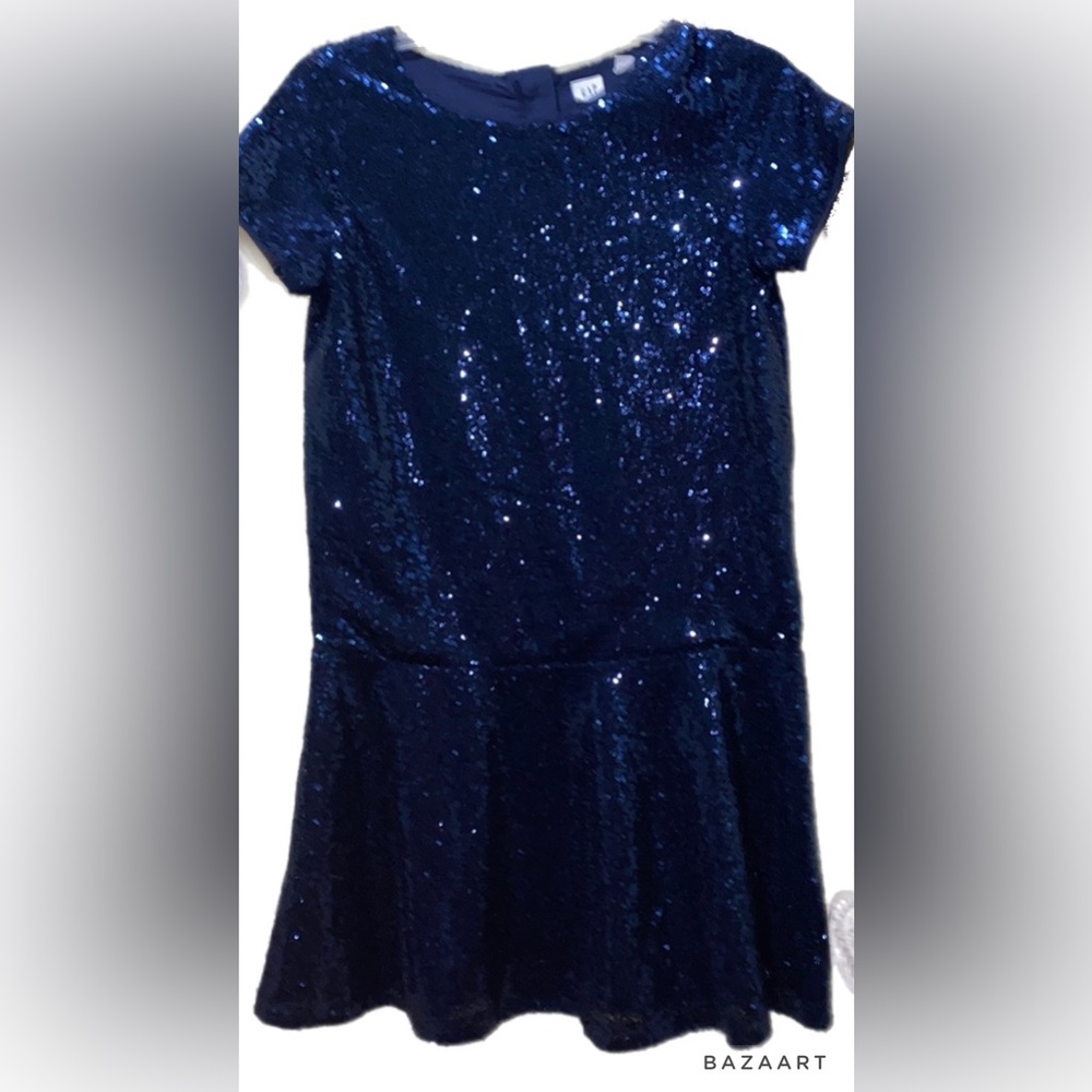 SEQUIN GAP KIDS SHORT SLEEVE DRESS, SCOOP NECK, FLARE BOTTOM, LINED SZ 14/16 R